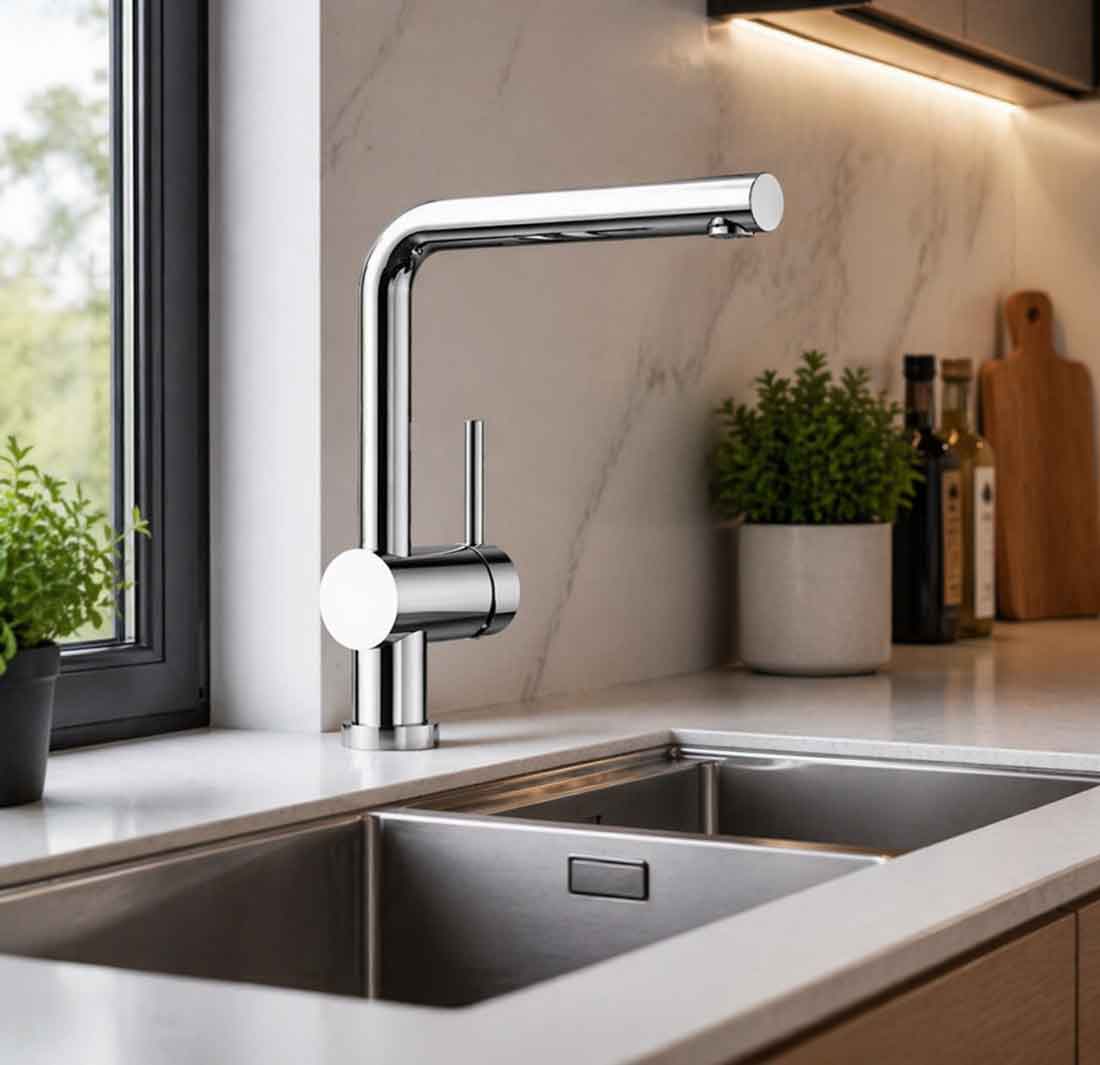 BLANCO LINUS-F | Küchenarmatur in chrom | Hochdruck | Vorfensterarmatur zur Montage vor einem Fenster | Keramik Kartusche | Gesicherte