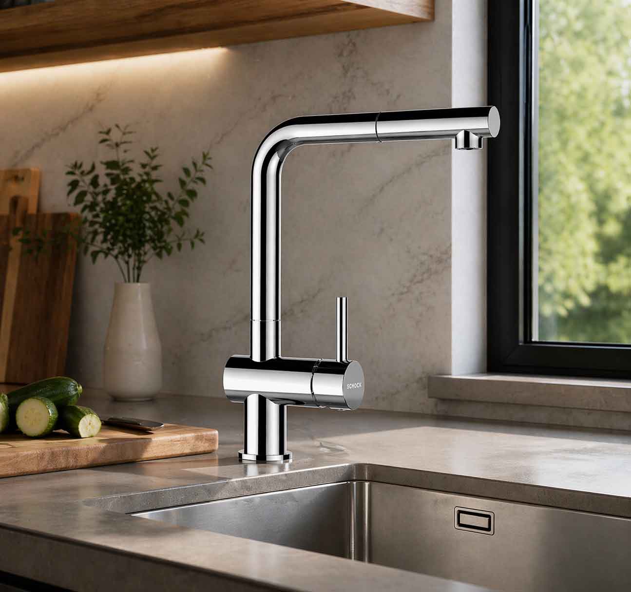 Schock Küchenarmatur Epos 540120CHR, Chrom, Hochdruck, 180° schwenkbar, ausziehbarer Auslauf