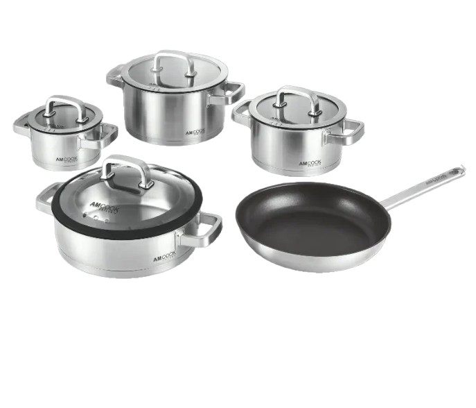 AMCOOK Senna S9 Plus Topfset 6-teilig Edelstahl Induktion mit Glasdeckel Antihaft Pfanne energiesparend