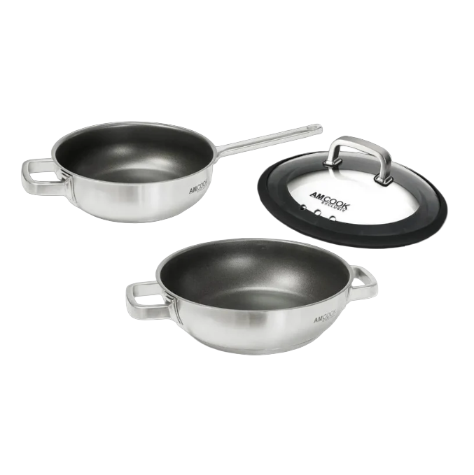 AMCOOK Senna Wok S3 Plus Set 24–28 cm mit Gourmetdeckel Antihaftbeschichtung Spritzschutz energiesparend
