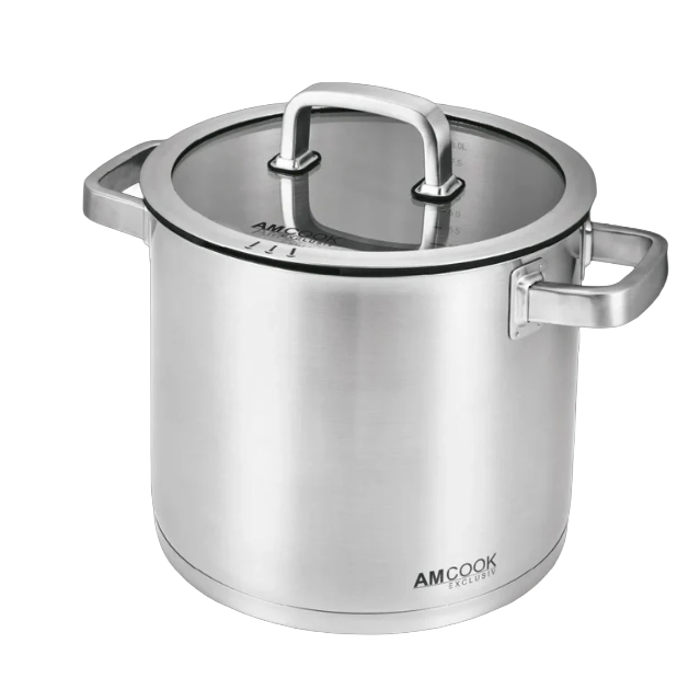 AMCOOK Senna S4 Plus Topfset 2-teilig Edelstahl Induktion 9L Topf 28cm Servierpfanne Glasdeckel Dampfauslass