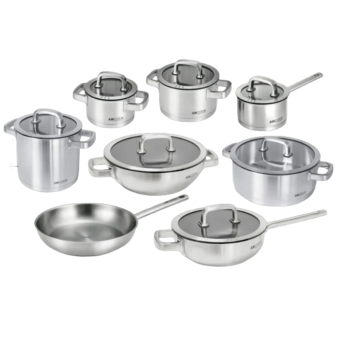 AMCOOK Senna S15 Topfset Pfannenset Wok Set 15-teilig Edelstahl Induktion Glasdeckel Dampfauslass
