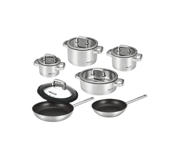 AMCOOK Senna S11 Plus Topfset Pfannenset 11-teilig Edelstahl Induktion Antihaft Gourmetdeckel Komplettset