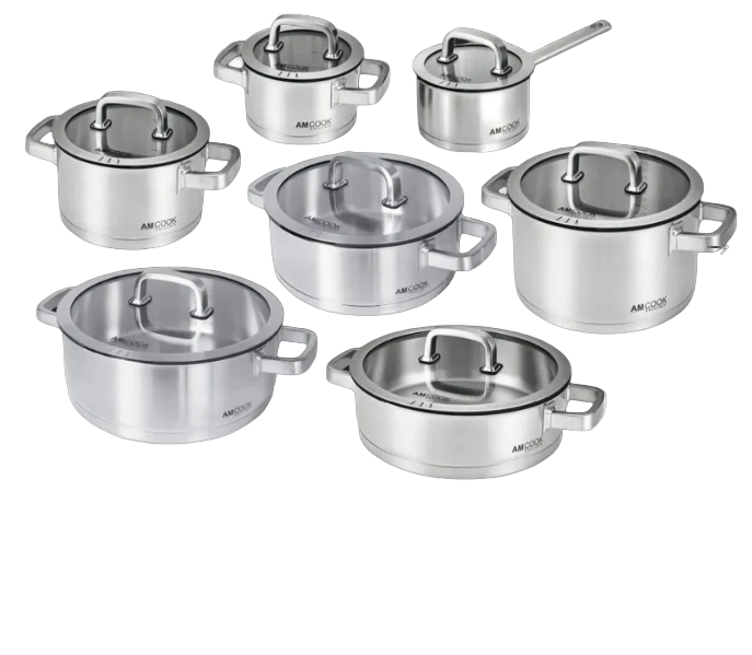 AMCOOK Senna S14 Topfset 14-teilig Edelstahl Induktion Glasdeckel Dampfauslass Thermoboden Servierpfanne