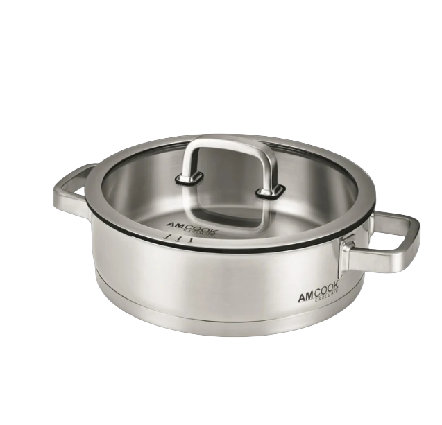 AMCOOK Senna S4 Plus Topfset 2-teilig Edelstahl Induktion 9L Topf 28cm Servierpfanne Glasdeckel Dampfauslass
